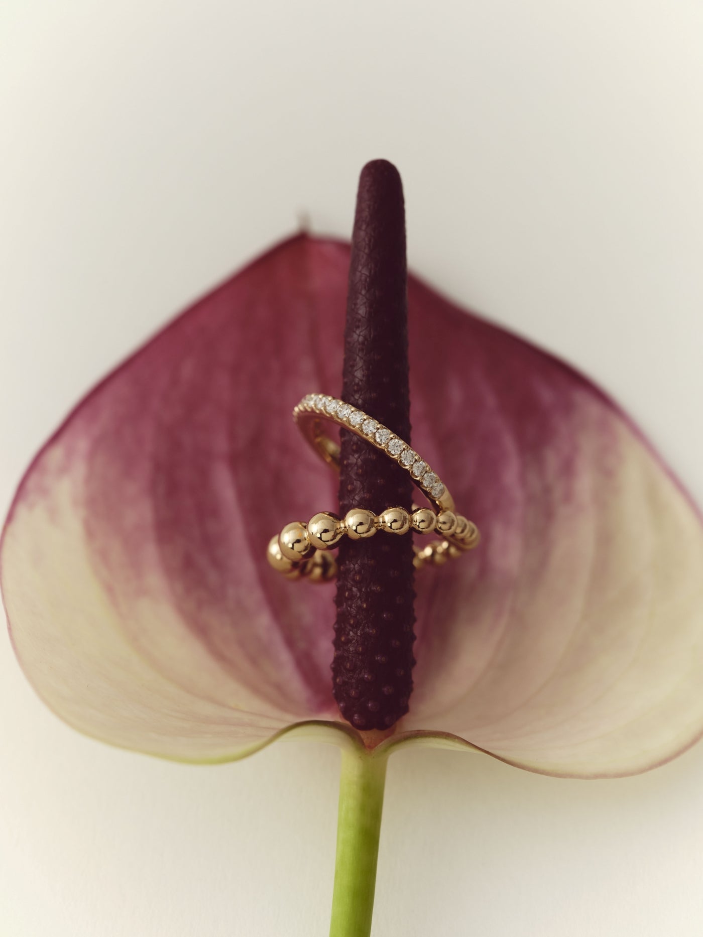 18K Gold Natural Diamond Row Double-Ring Solid Bead Ring (Dispatched within 30 days of purchase)
